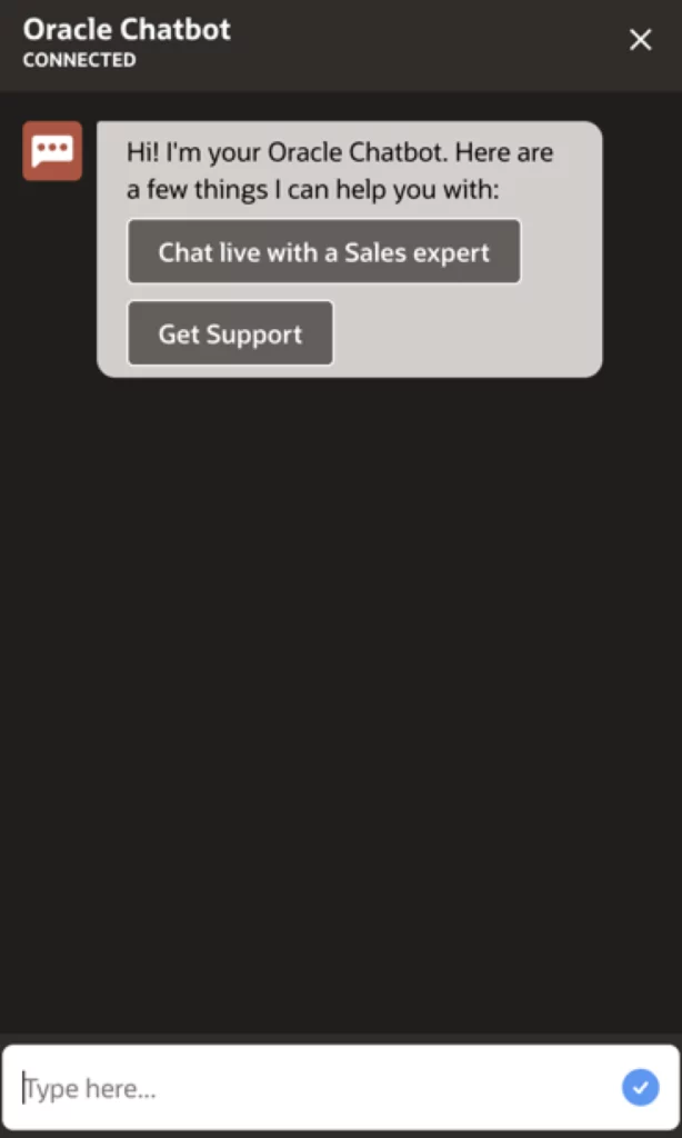 a screenshot of an oracle chatbot connected app