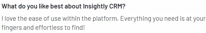 customer's text response sharing what they like about Insightly CRM