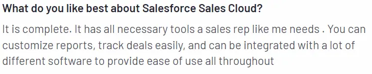 customer's text response sharing what they like about Salesforce Sales Cloud
