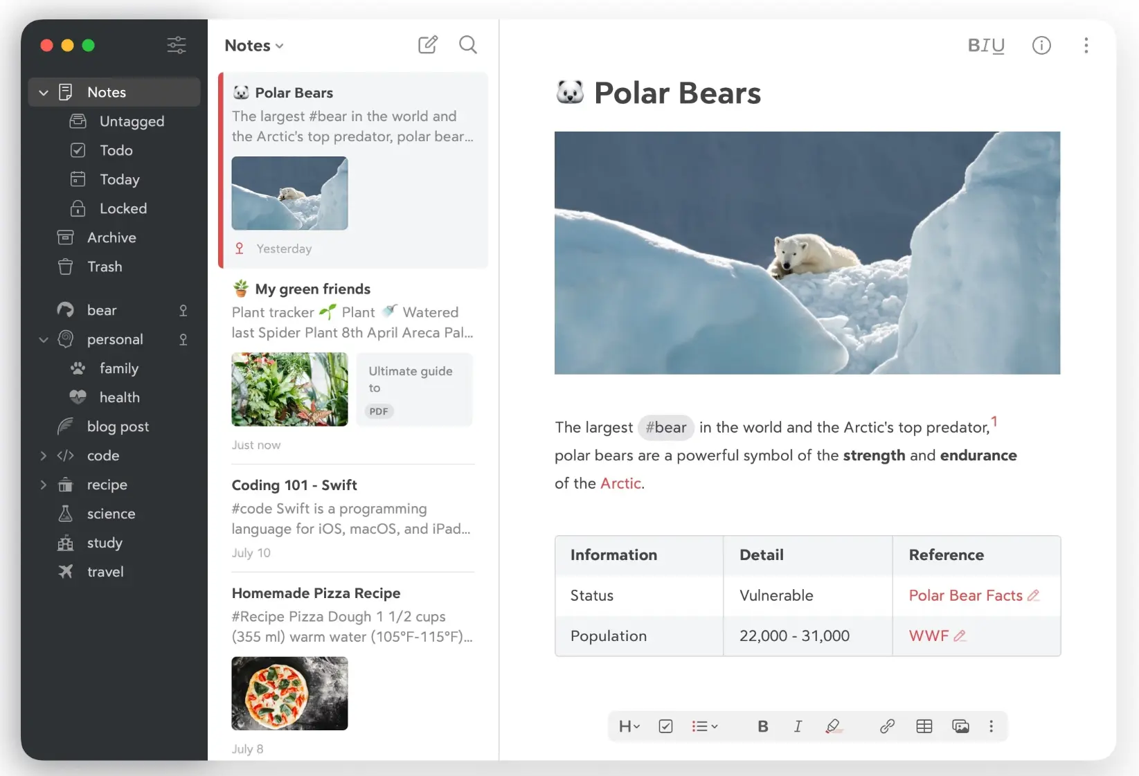 Bear note taking app