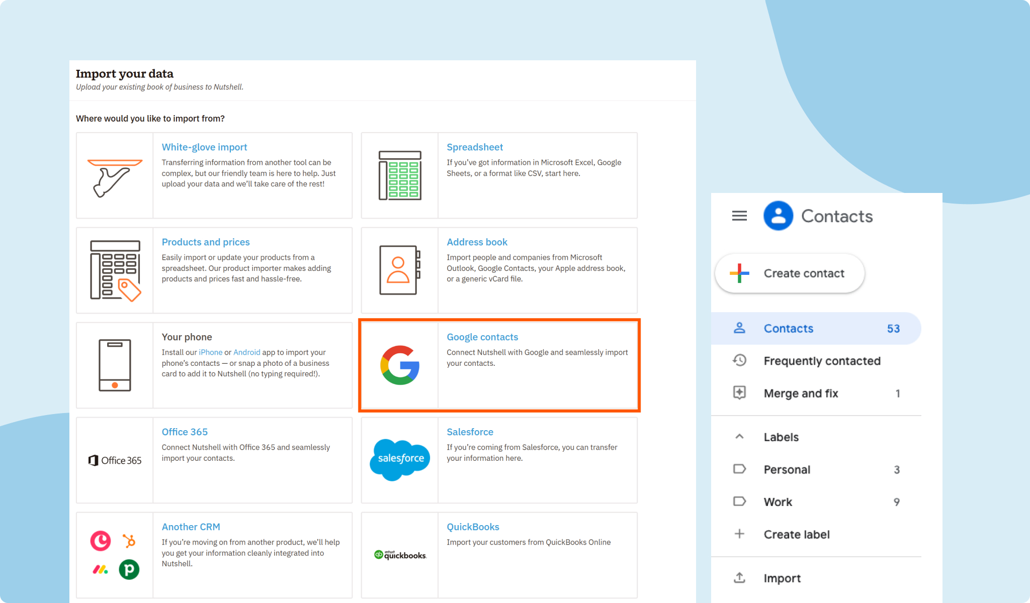 Nutshell's Google Contacts integration on the data import menu